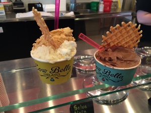 Two Servings of Gelato with a Waffle Chip
